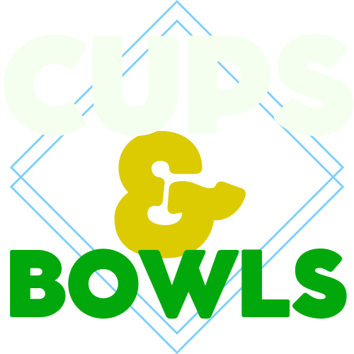 Cups & Bowls text only logo with the word Cups in white, the and symbol is yellow, and the word bowls is green. There are two overlapping blue diamonds overlaying the text.